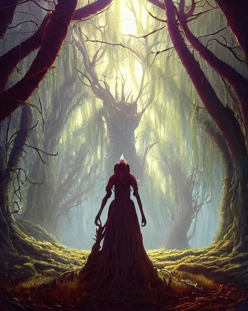 Image similar to highly detailed surreal vfx portrait of a cursed crown in a shadowy forest by a willow tree, stephen bliss, unreal engine, greg rutkowski, loish, rhads, beeple, makoto shinkai and lois van baarle, ilya kuvshinov, rossdraws, tom bagshaw, alphonse mucha, global illumination, detailed and intricate environment