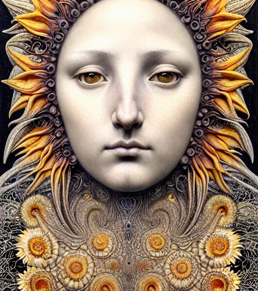 Image similar to detailed realistic beautiful sunflower goddess face portrait by jean delville, gustave dore, iris van herpen and marco mazzoni, art forms of nature by ernst haeckel, art nouveau, symbolist, visionary, gothic, neo - gothic, pre - raphaelite, fractal lace, intricate alien botanicals, ai biodiversity, surreality, hyperdetailed ultrasharp octane render