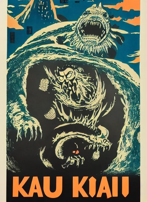 Prompt: Polish posters for kaiju film. Screen printed, silkscreen, paper texture. 1968