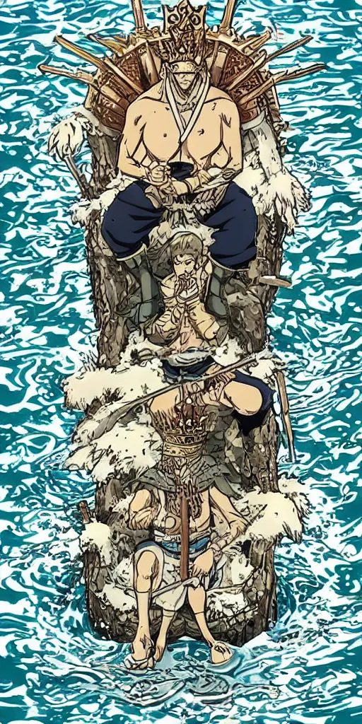 Prompt: a lone king sitting on a throne floating on water in the middle of a lake drawn by Makoto Yukimura in the style of Vinland saga anime, full color