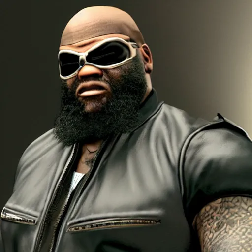 Image similar to Rick Ross as a Metal Gear Solid Villain 2005 JRPG cinema 4d render, Ray tracing reflection, natural lighting, Unreal Engine award winning photography