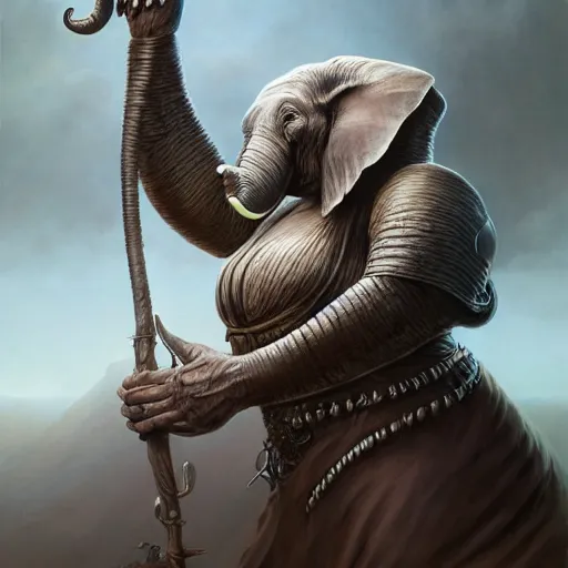 Image similar to fantasy portrait, elephant man, d & d loxodon, wearing loincloth, holding holy symbol, rpg game, main character, detailed, digital painting, artstation, sharp focus, illustration, tomasz alen kopera, peter mohrbacher, donato giancola, joseph christian leyendecker, wlop, frank frazetta