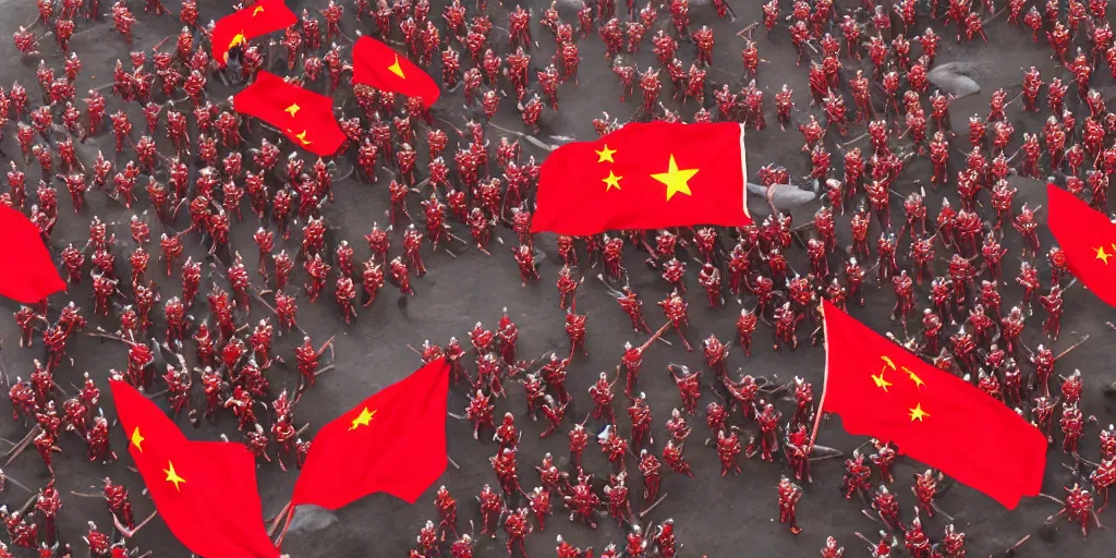 Prompt: overhead mid shot cinematic artwork of a small group of rag tag warriors surrounded by a vast ancient Chinese army wearing red armor and holding red flags on the battlefield by greg rutowski, masterpiece, 4k