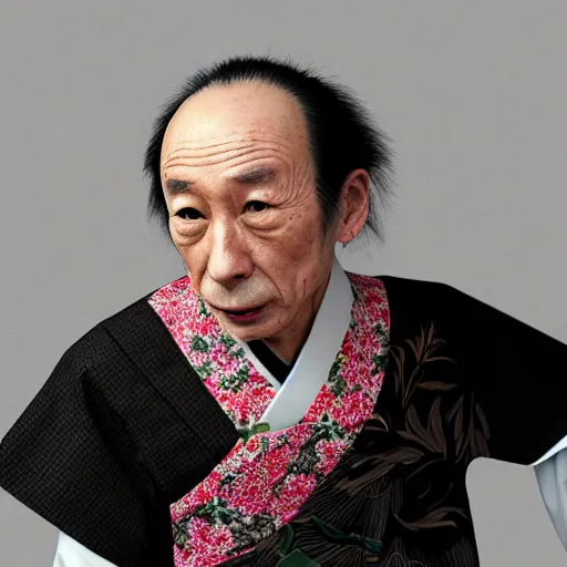 Image similar to Japanese Michel Houellebecq wearing kimono, realistic, photo studio, HDR, 8k, trending on artstation