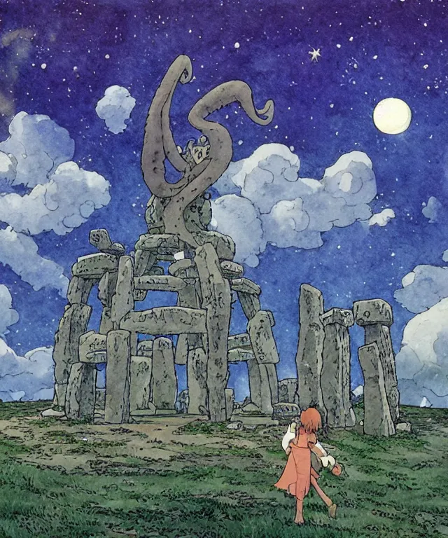 Image similar to a hyperrealist studio ghibli watercolor fantasy concept art. in the foreground is a giant grey octopus building and putting stones in to place on top of stonehenge with a starry sky. by rebecca guay, michael kaluta, charles vess