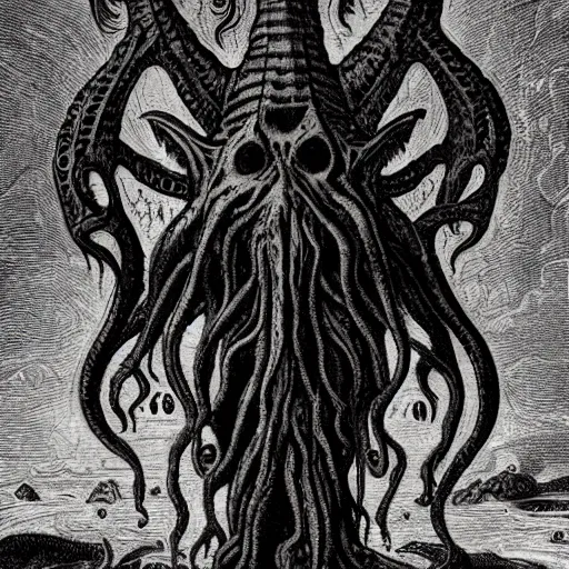 Prompt: in his house at r'lyeh dead cthulhu waits dreaming, divinity, awful, religious art