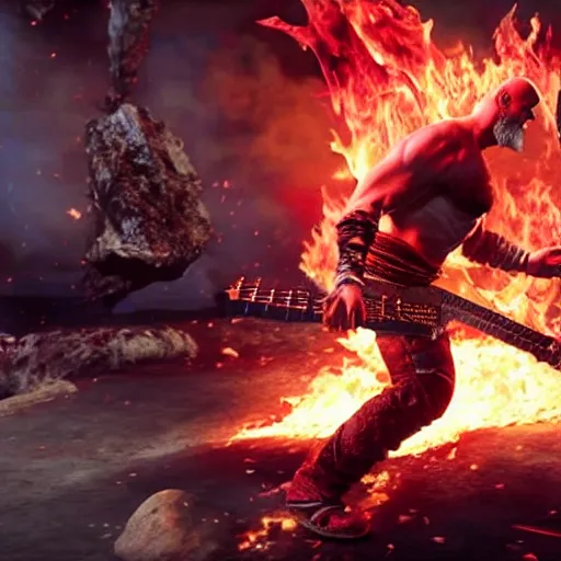 Prompt: kratos rocking out on a flaming stratocaster guitar, cinematic render, god of war 2 0 1 8, playstation studios official media