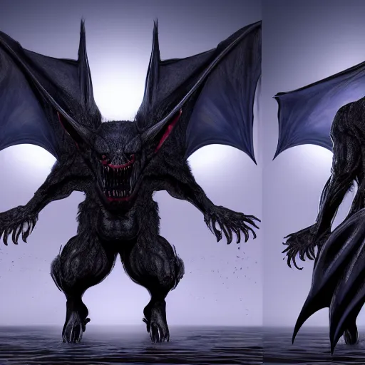 Image similar to front and back character view of scary giant mutant dark blue humanoid bat, glowing red eyes flying above a stormy ocean, sharp teeth, acid leaking from mouth, realistic, giant, bat ears, bat nose, bat claws, bat wings, furred, covered in soft fur, detailed, trending on artstation clean concept art and sheet that using unreal engine 5 render and hyper detailed 3D texture with cinematic software light 85mm f/1.4