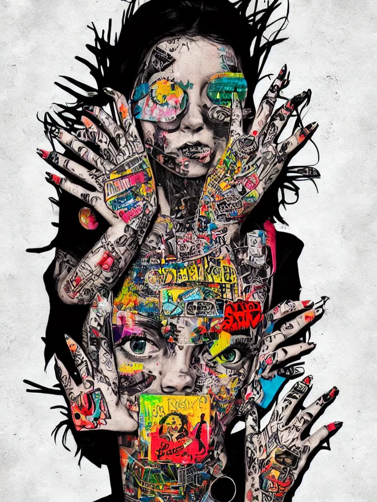 Image similar to a multilayered mixed media street art bursting with nostalgic pop culture references, punk symbols and tattoo designs, sharp details and in focus, high resolution, flat evenly lit background, art by stikki peaches