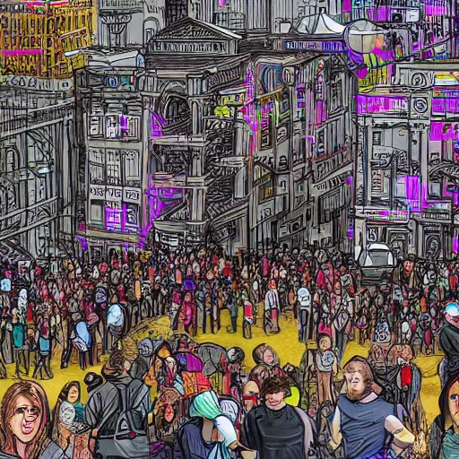 Prompt: landscape of people running away scared from crypto logos standing in the city, digital drawing, hyper - detailed, hdr, 8 k
