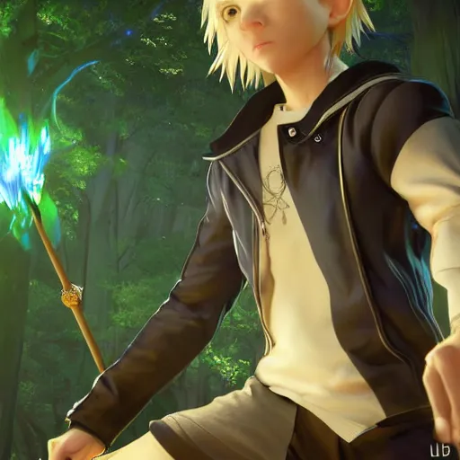 Image similar to a blonde haired green eyes boy casting a spell. character design. intricate. gesture drawing. line of action. official art, unreal engine 5, unreal engine. tetsuya nomura. medium shot. ray tracing hdr. 8 k. uhd. sharp focus. highly detailed. masterpiece. anime render. cinematic lighting. lifelike. symmetrical face. beautiful face