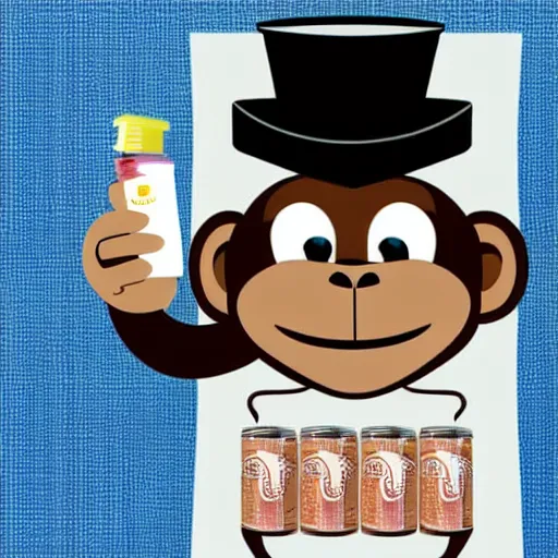 Prompt: A monkey on a toilet holding a stack of money and Diet Coke. He is wearing a top hat