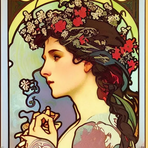 Image similar to Persephone in profile, by Alphonse Mucha, floral border, very beautiful
