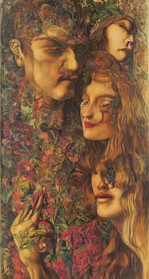 Image similar to floral portrait of man and woman by wojciech siudmak and ernst fuchs oil on canvas