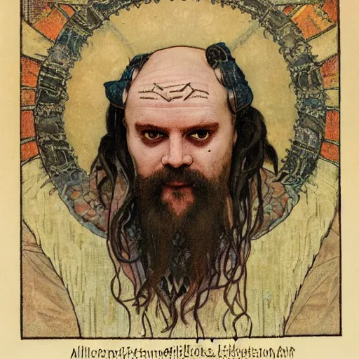 Image similar to portrait of man with knotwork runic facial tattoos, bald, middle-aged Slavic Viking priest wearing thick fur collar and vestments, and standing tall in the blizzard, with fading blue woad tattoos on forehead, head, and cheeks, portrait by Anato Finnstark, Alphonse Mucha, and Greg Rutkowski