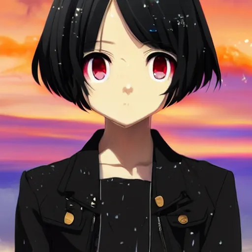 Image similar to black - haired anime girl, 1 7 - year - old anime girl with long bob cut, gothic jacket, golden hour, partly cloudy sky, red clouds, orange sky, strong lighting, strong shadows, vivid hues, ultra - realistic, sharp details, subsurface scattering, intricate details, art by artgerm, greg rutkowski, 2 0 1 9 anime screenshot