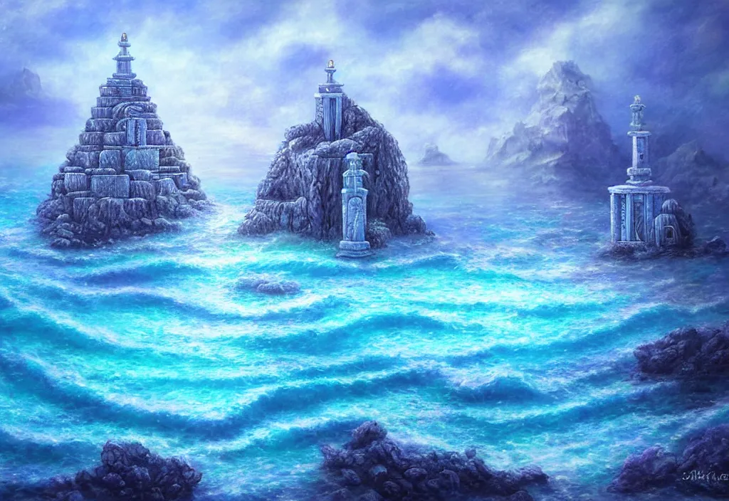 Image similar to ocean temple made out of crystalline blue stone, fantasy, mystical, ocean, 3 d, painting, ocean, water