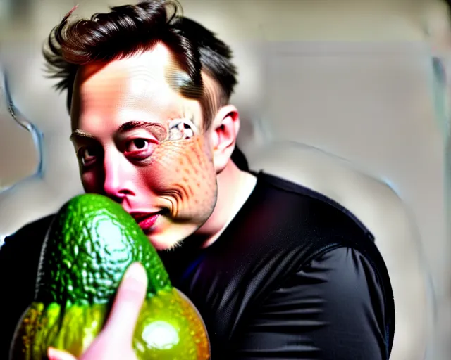 Image similar to 8 5 mm photography of elon musk!! dressed as an avocado!! dof and bokeh