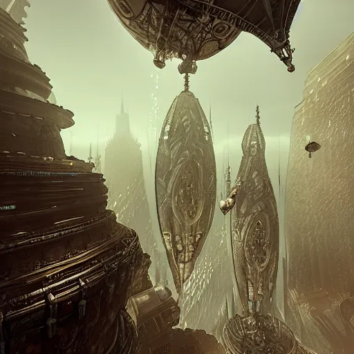 Image similar to enormous flying city in a faberge egg, sky, steampunk, fantasy art, masterpiece, hugh ferriss, unreal engine 5, peder balke