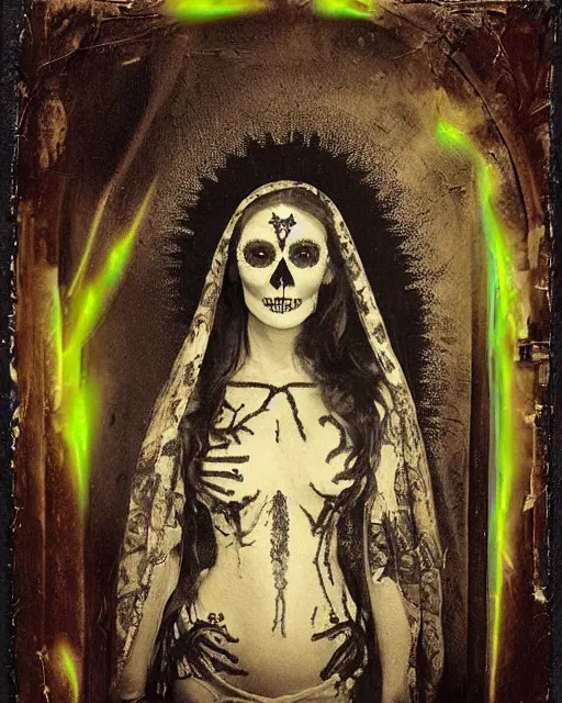 Image similar to tintype virgin mary dressed in dia de muertos makeup high quality photo, microchip, artificial intelligence, bio - mechanical bio - luminescence, black wired cables, neurons, nerve cells, cinematic, rim light, photo - realistic, high detail, 8 k, masterpiece, high fashion, in the style of steven meisel dora maar h. r. giger