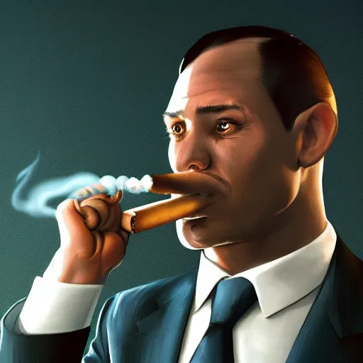 Image similar to a dog wearing a business suit smoking a cigar, dramatic lighting, cinematic, establishing shot, extremly high detail, photorealistic, cinematic lighting, concept art, artstation, style by greg rutkowsky