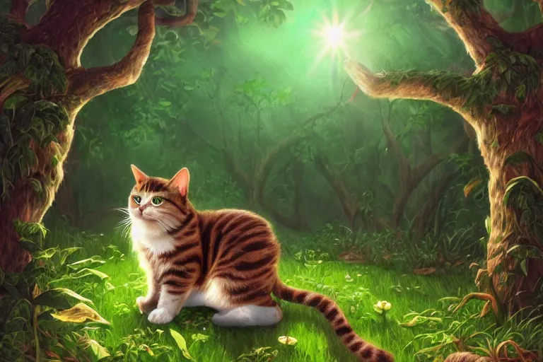 Image similar to a cat in a forest, highly detailed, digital art, trending on artstation, backlighting, by kawacy, by wayne mclouglin, by don bluth, by ken sugimori, by louis wain, fan art