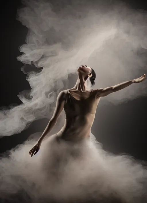 Image similar to a Photorealistic dramatic hyperrealistic render of a glamorous beautiful Female smoke dancer by Ken Brower and Deborah Ory of NYC Dance project,Lois Greenfield,Flowing cloth and smoke,Beautiful dynamic dramatic dark moody lighting,volumetric,shadows,cinematic atmosphere,Octane render,8K