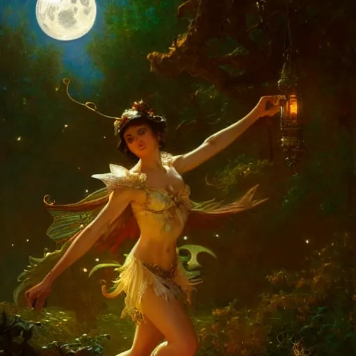 Image similar to attractive fairy magically floating high in the night, fantasy, full moon in background. highly detailed painting by gaston bussiere, craig mullins, j. c. leyendecker, mid shot, 8 k realistic, cryengine, frostbite 3 engine, sharp focus