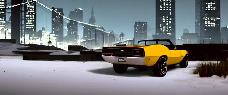 Prompt: Ermine White Chevrolet Camaro Z28 Convertible (1967), a gritty neo-noir, dramatic bright lighting, cinematic, establishing shot, extremely high detail, photorealistic, cinematic lighting, artstation, by simon stalenhag, Max Payne (PC) (2001) winter new york at night