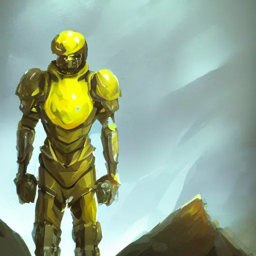 Image similar to A lemon full body portrait wearing dark matter armor standing on a hill, dynamic lighting, photorealistic concept art, stunning visuals, creative, trending on art station, ultra detailed