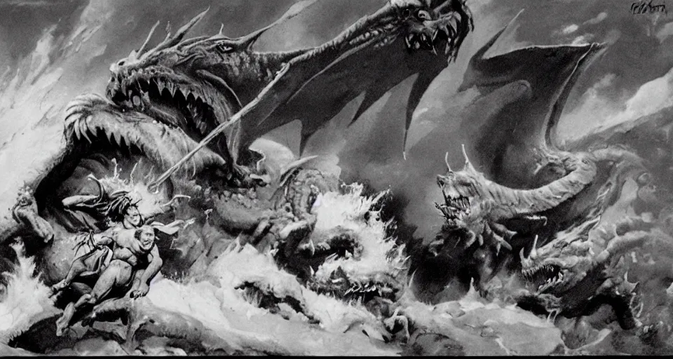 Prompt: baby man taking cover from a dragon breathing ice, action shot by Frazetta