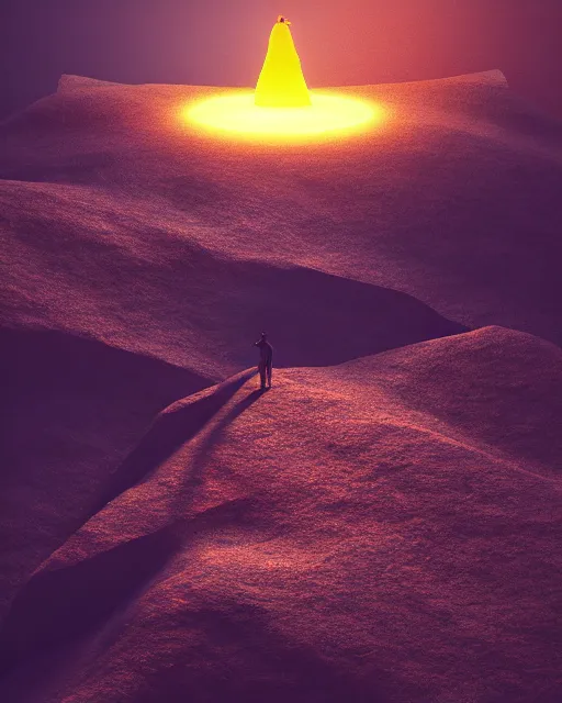 Image similar to a man standing in the middle of a mountain looking at a glowy shape, a render by filip hodas, behance contest winner, environmental art, rendered in cinema 4 d, volumetric lighting