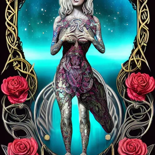 Prompt: blonde girl in a cosmic dress, full-body tattoos, ornate, rococo, grotesque, zbrush art, majestic, organics, silver filigree, colorful, dark fantasy, celtic knot, anatomical, h r giger style, moebius, frank frazetta, ornate, art nouveau, symmetrical, turquoise jewelry, red smoke, roses, unbiased render, rotten, Emil melmoth, eerie, macabre, haunting + insanely detailed and intricate, floral, faded pink, hypermaximalist, elegant, vintage, hyper realistic, super detailed, pastel colors,