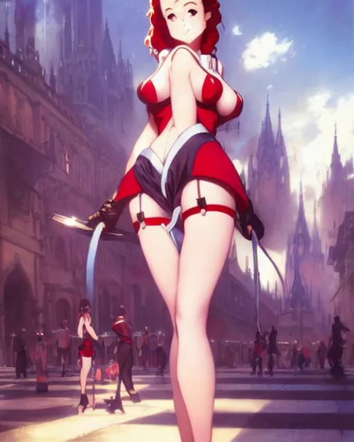 Image similar to pinup photo of asuna in the crowded square of the city, asuna by a - 1 pictures, by by greg rutkowski, artgerm, gil elvgren, enoch bolles, glossy skin, pearlescent, anime, very coherent, sao style