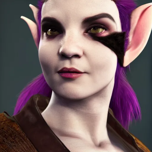 Image similar to anya charlota as a medieval fantasy tolkien elf, dark purplish hair tucked behind ears, wearing leather with a fur lined collar, wide, muscular build, scar across the nose, one black, scaled arm, cinematic, character art, real life, 8 k, detailed.