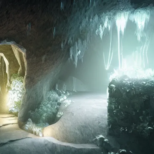 Prompt: overgrown cave made of white paper, crystal lighting, mystical, hyperrealistic, 4 k, unreal engine, highly detailed, dramatic lighting, magical,