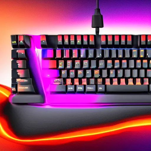 Prompt: mechanical keyboard made out of lava, raytracing, lens flare, 8k, bright colors