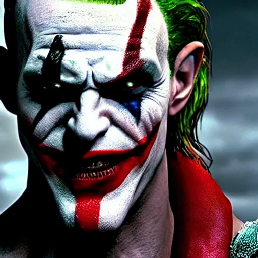 Image similar to film still of kratos as the joker in the new batman movie