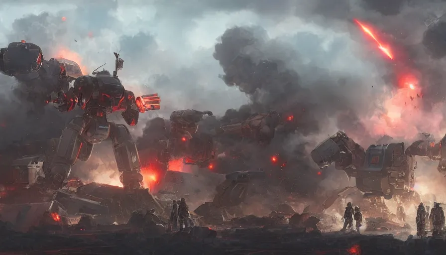Image similar to Digital painting of troops shooting at a giant Japanese robot during a battle, huge explosions and ashes, smoke columns, hyperdetailed, artstation, cgsociety, 8k
