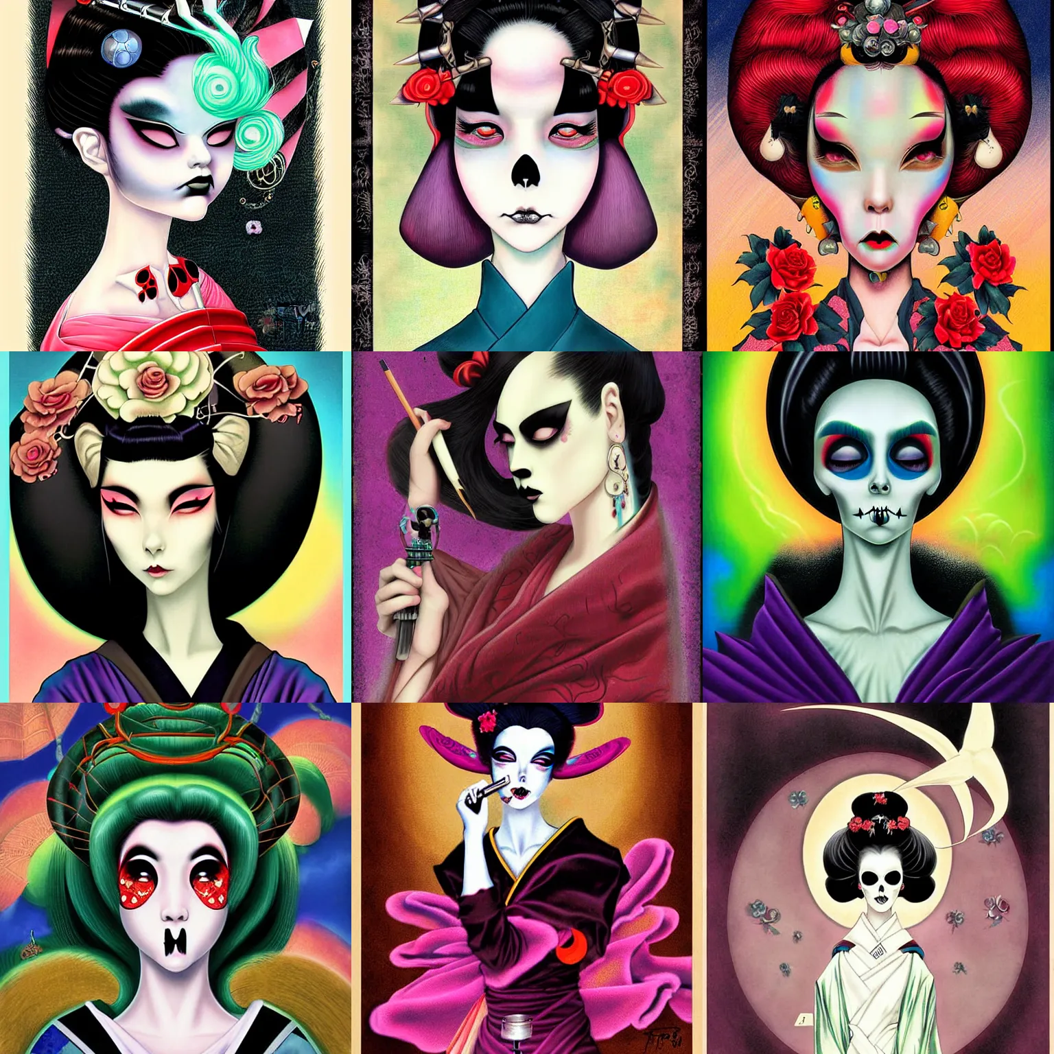 Prompt: digital painting of a goth geisha by terese nielsen, mark ryden in the style of, vintage shoujo, fantastic planet, 6 0 s poster art, minimalist poster art, skull, vaperwave colors, artgerm