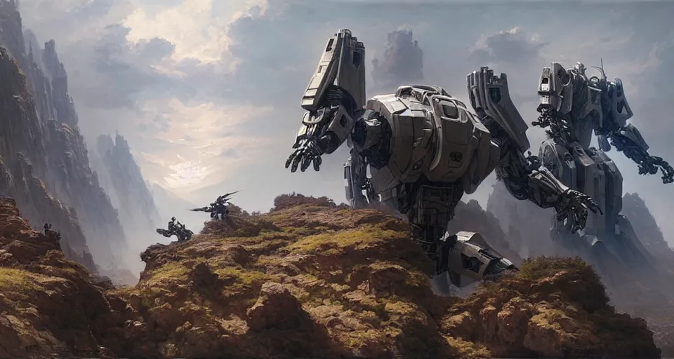 Image similar to hyper realistic sci - fi matte concept art painting of mecha on a cliff overlooking a raging battle, beautiful details, strong composition painted by kim jung guweta studio rutkowski, james gurney and greg rutkowski, and lucasfilm, smooth, intricate, detailed, sharp focus, cinematic