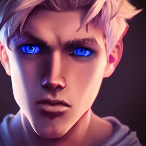 Prompt: league of legends character style of teenager boy, blonde hair, blue eyes, close up, cinematic light, dark room, detailed, photo, 8K