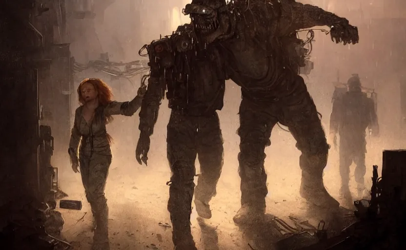 Prompt: machine monster grabs sadie sink dressed as a miner : concept art for a scifi cyberpunk film. by greg rutkowski, gustave courbet, rosa bonheur, john j. park, jason chan, noah bradley, feng zhu, gintas galvanauskas. sharp focus, cinematic atmosphere, detailed and intricate environment, perfect hand anatomy, realistic eyes