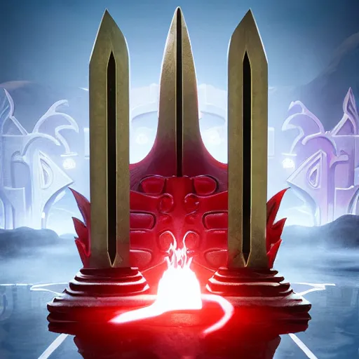 Image similar to symmetrical game - icon of giant medieval swords crossed, red powerful fantasy epic legends, game icon stylized, digital illustration radiating, a glowing aura, global illumination, ray tracing, 8 k high definition, intricate details, octane render, unreal engine, trending on arstation