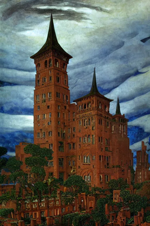 Prompt: view of the old tower and its gardens after a storm, tall windows lit up, beautiful ornamental architecture, dramatic cinematic lighting, rich colors, by Caspar David Friedrich and Diego Rivera and ford madox brown and Nicholas Roerich , smooth, sharp focus, extremely detailed, featured on artstation