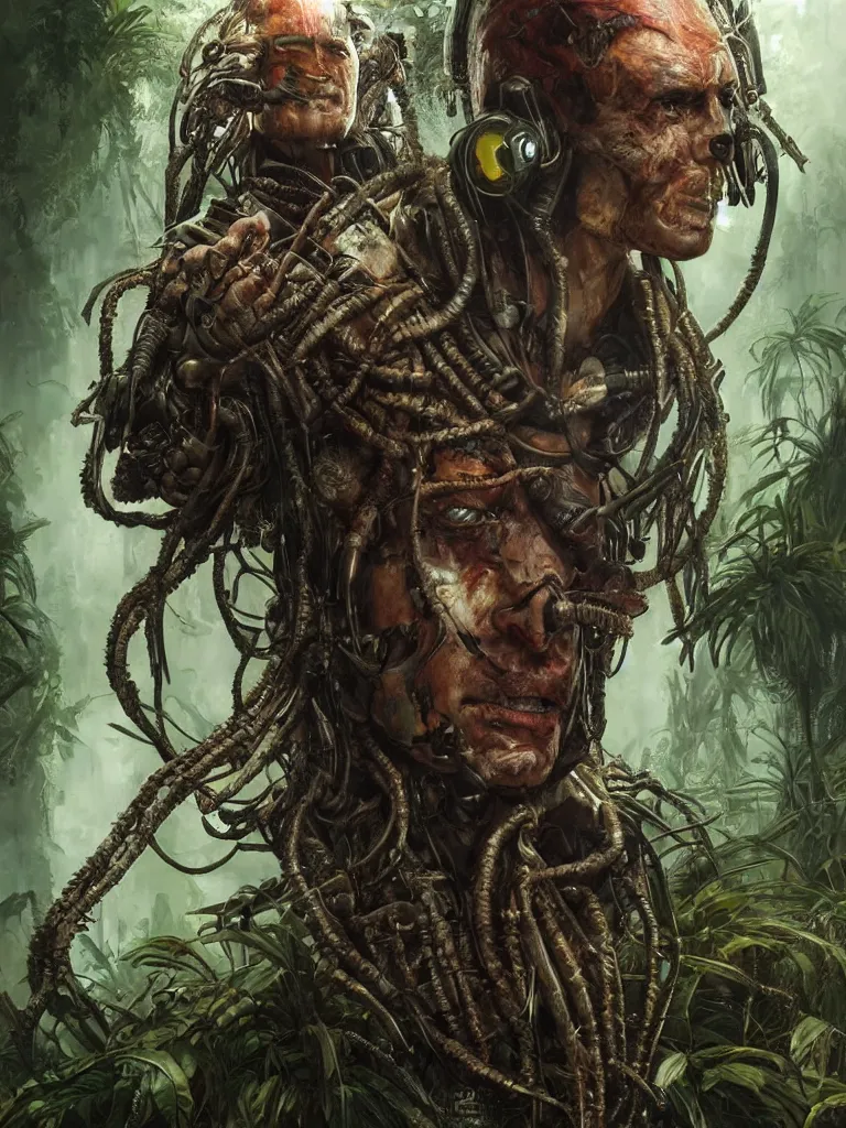 Image similar to a hyperrealistic cyberpunk portrait of a gorgeous man in the movie Predator, in a teeaming jungle with fractal sunlight, award-winning, masterpiece, in the style of Tom Bagshaw, Cedric Peyravernay, Peter Mohrbacher