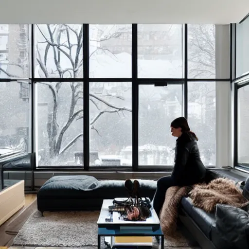 Image similar to modern loft overlooking central park in winter, snowing, fireplace roaring, woman sitting in modern leather chair looking out the window, warm lighting, blizzard outside, nyc, in the style of bill sienkiewicz