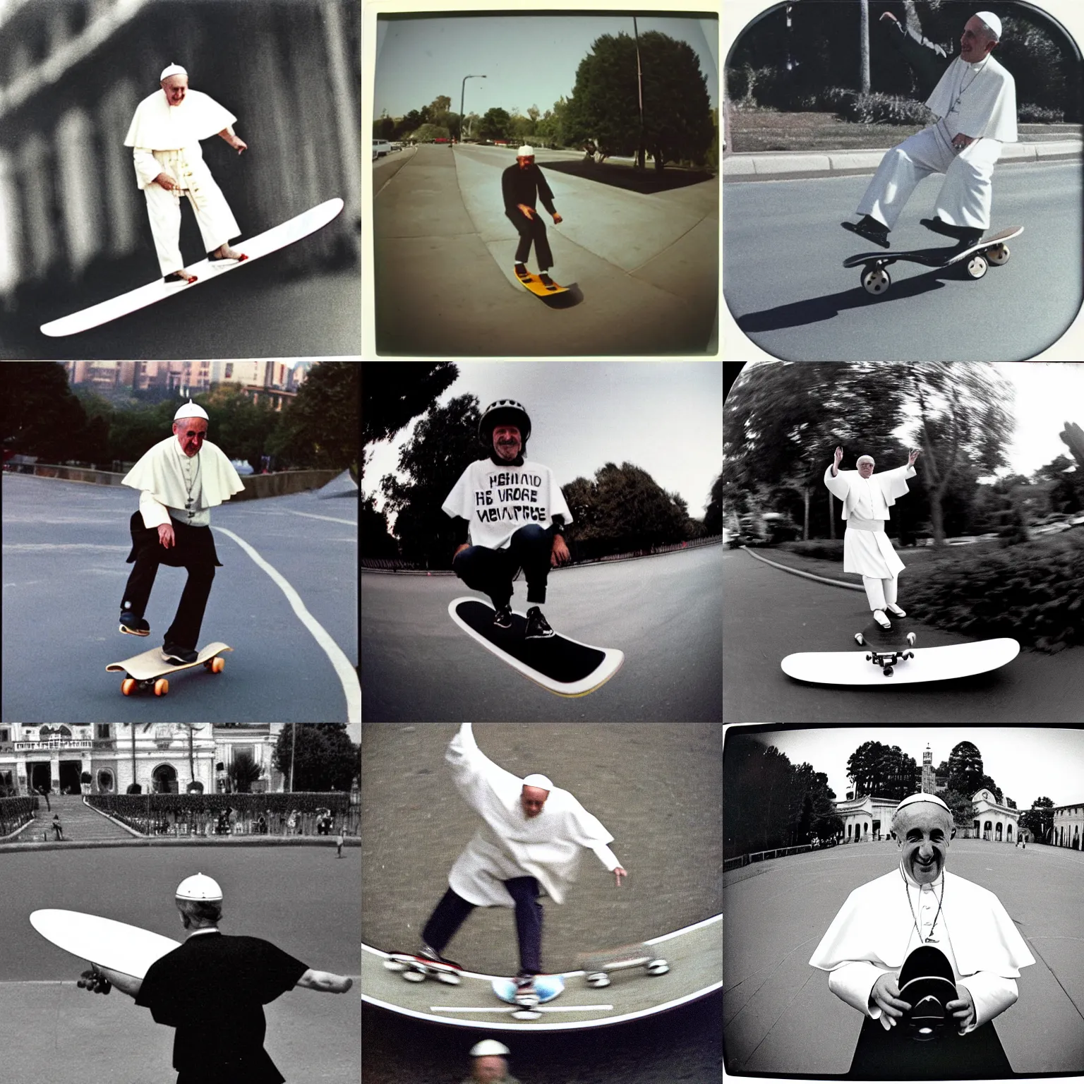 Prompt: fisheye lens Photography of a pope riding a skateboard, 1991, Polaroid