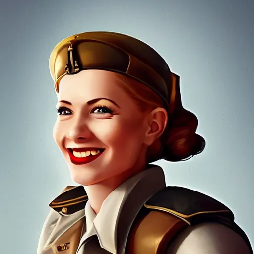 Image similar to smiling, happy, beautiful, intelligent, powerful, female ww 2 pilot, 2 9 years old, loving eyes, fully clothed, wise, beautiful, dramatic lighting, sharp focus, by stanley artgerm, dramatic lighting, trending on artstation, flat colour, geometric curves, gradient filter, art deco patterns