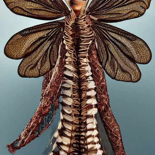 Image similar to brown woman wearing a translucent dragonfly armor. intricate. super detailed. layered. textured. award winning. dispersion of light. refracted lighting. soft. fragile.